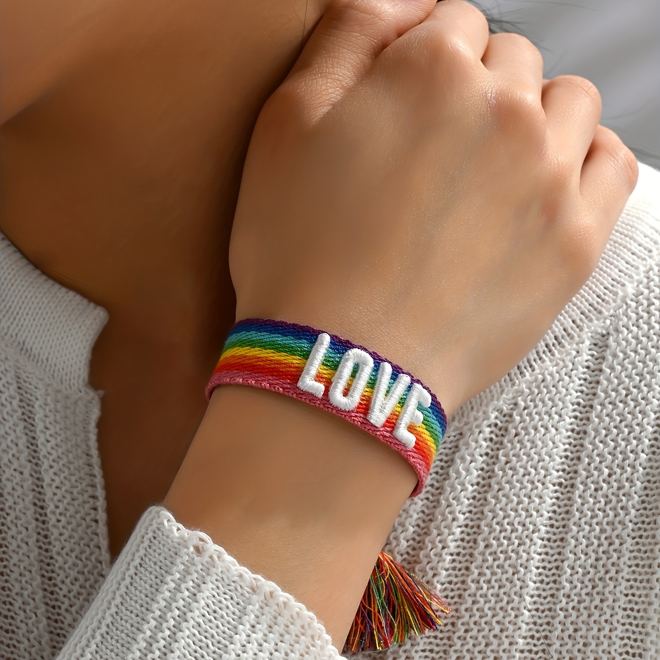 Bohemian Style Letter Embroidery Tassel Rainbow Cord Bracelet