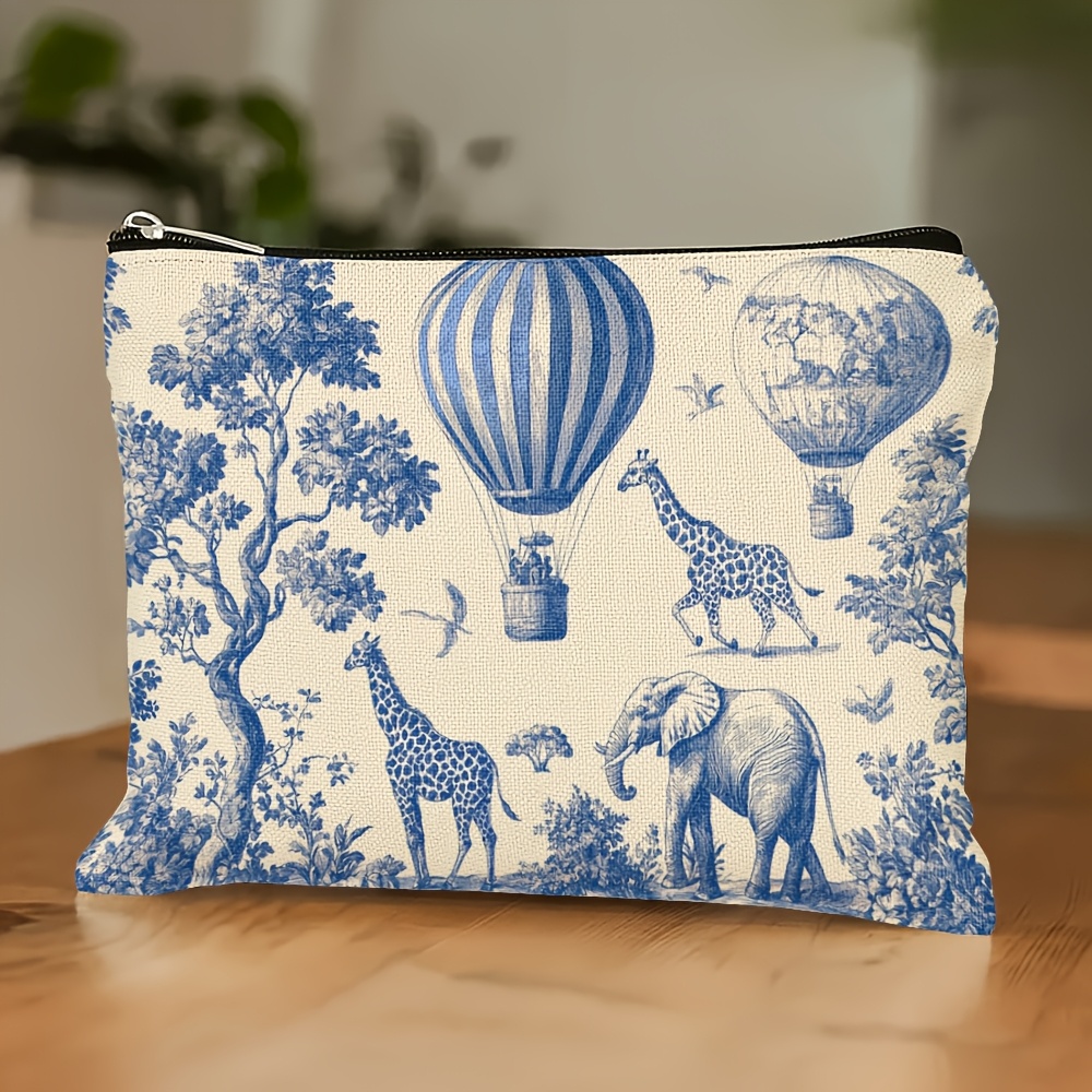 TEMU 1 Borsa da trucco multifunzionale con motivo minimalista Toile De , blu alcalino e , pochette pieghevole con cerniera per il riporre cosmetici e