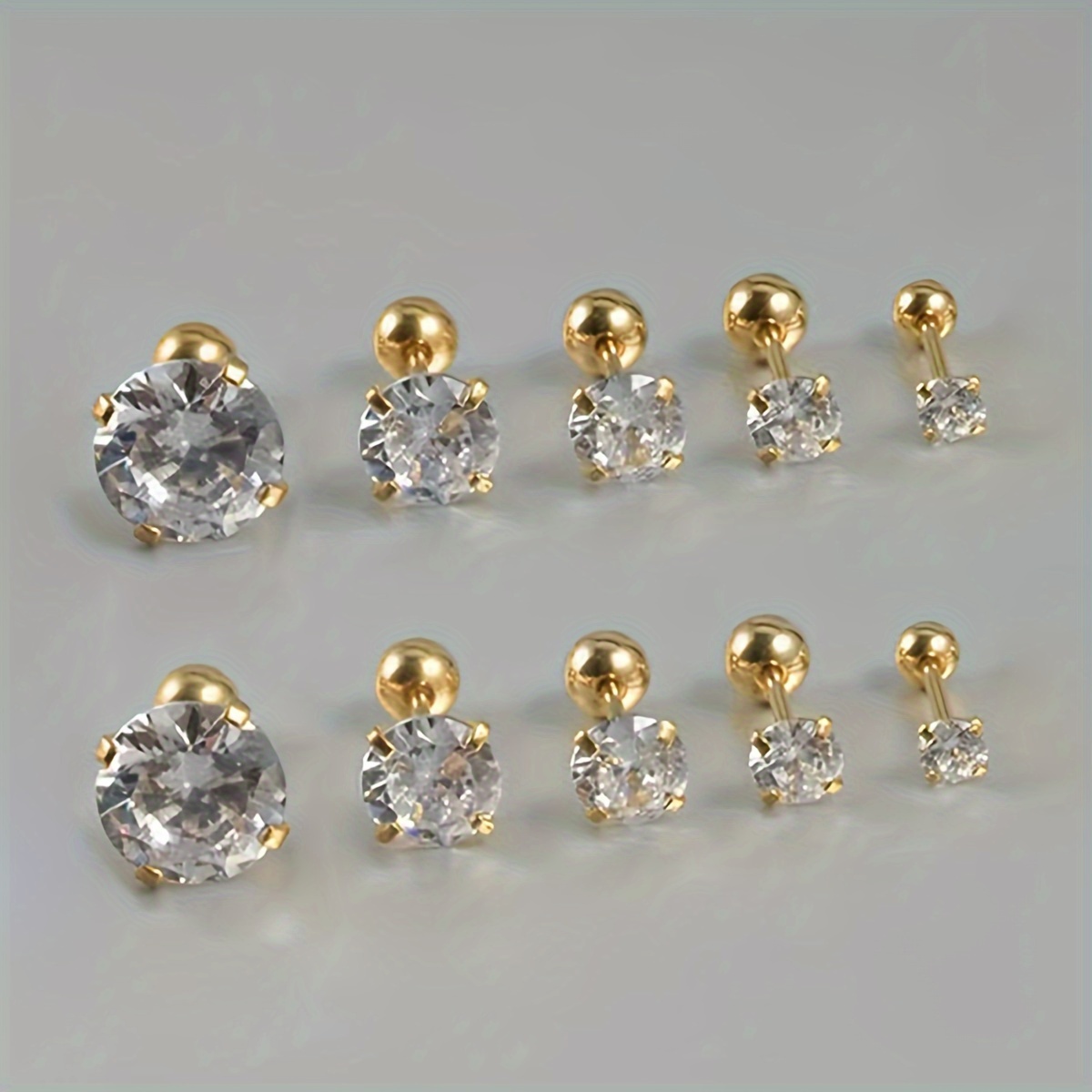 

5pairs/set Stainless Steel Round Ball Golden Silvery Cubic Zirconia Stud Earrings Set