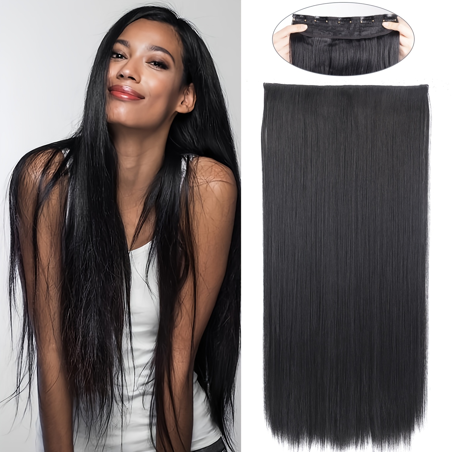 TEMU Extensions de cheveux à clips, cheveux et raides, foncé, fibre synthétique résistante à la chaleur, pour femme, pour fête et