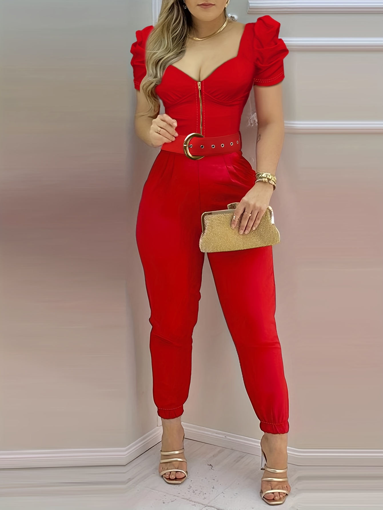 Solid Zipper Front Jumpsuit Elegant Puff Sleeve Sweetheart - Temu