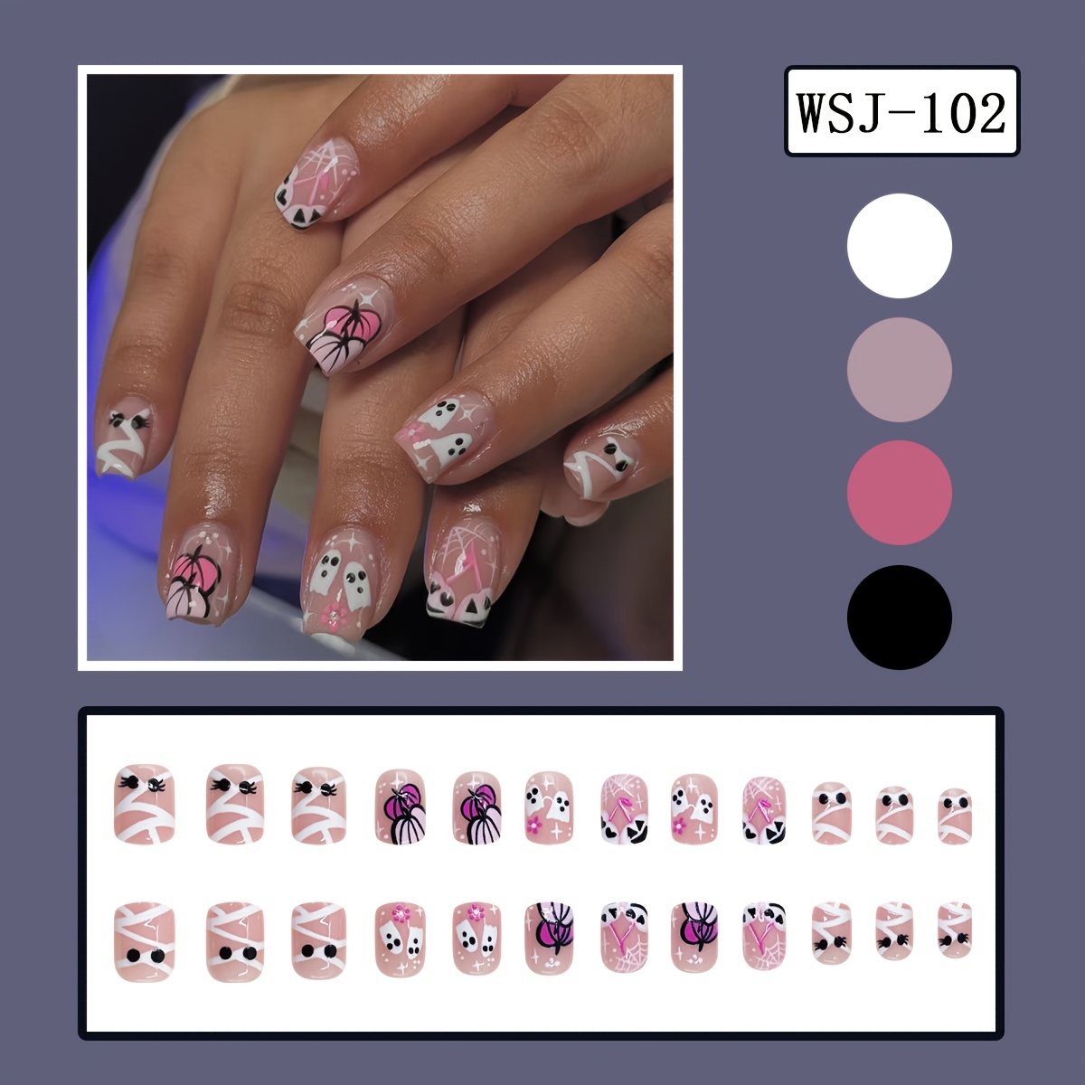 TEMU Upgrade Your Look With 24pcs Short Square Full-coverage Glossy Fake Nails Featuring White, Black, Pink, Nude, Spiderweb,, Pumpkin Stripes, And