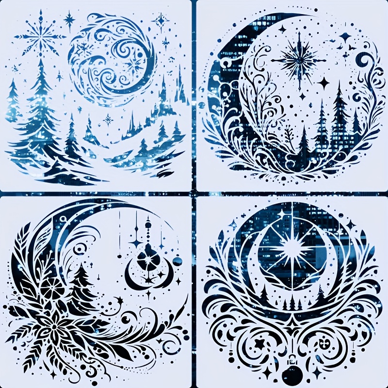 E-shop 4er-Set Fantasy Mond, Sterne und Wald 5,91×5,91-Zoll Malstencils, Wandkunst, Illustrationsmaterial geeignet für Scrapbooking, Handbücher,