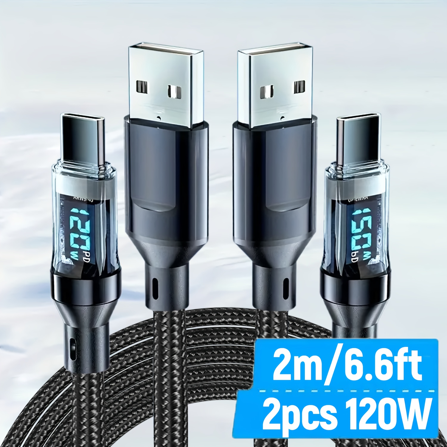 Set Of 2 Charging Cables, 120w Usb A To Type C Charger Wire Featuring Real-time Digital , Compatible With Iphone, , Ipad, Tablets, And Usb-