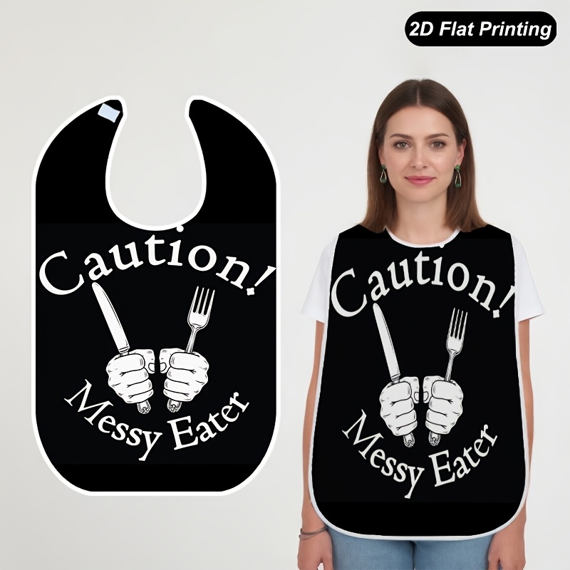 TEMU 1pc 2d Flat Caution Messy Eater Fork Printed Bibs Fashionable Adult And Elderly For , Tableware Elements, Fun Pattern, Stylish Bib, Durable