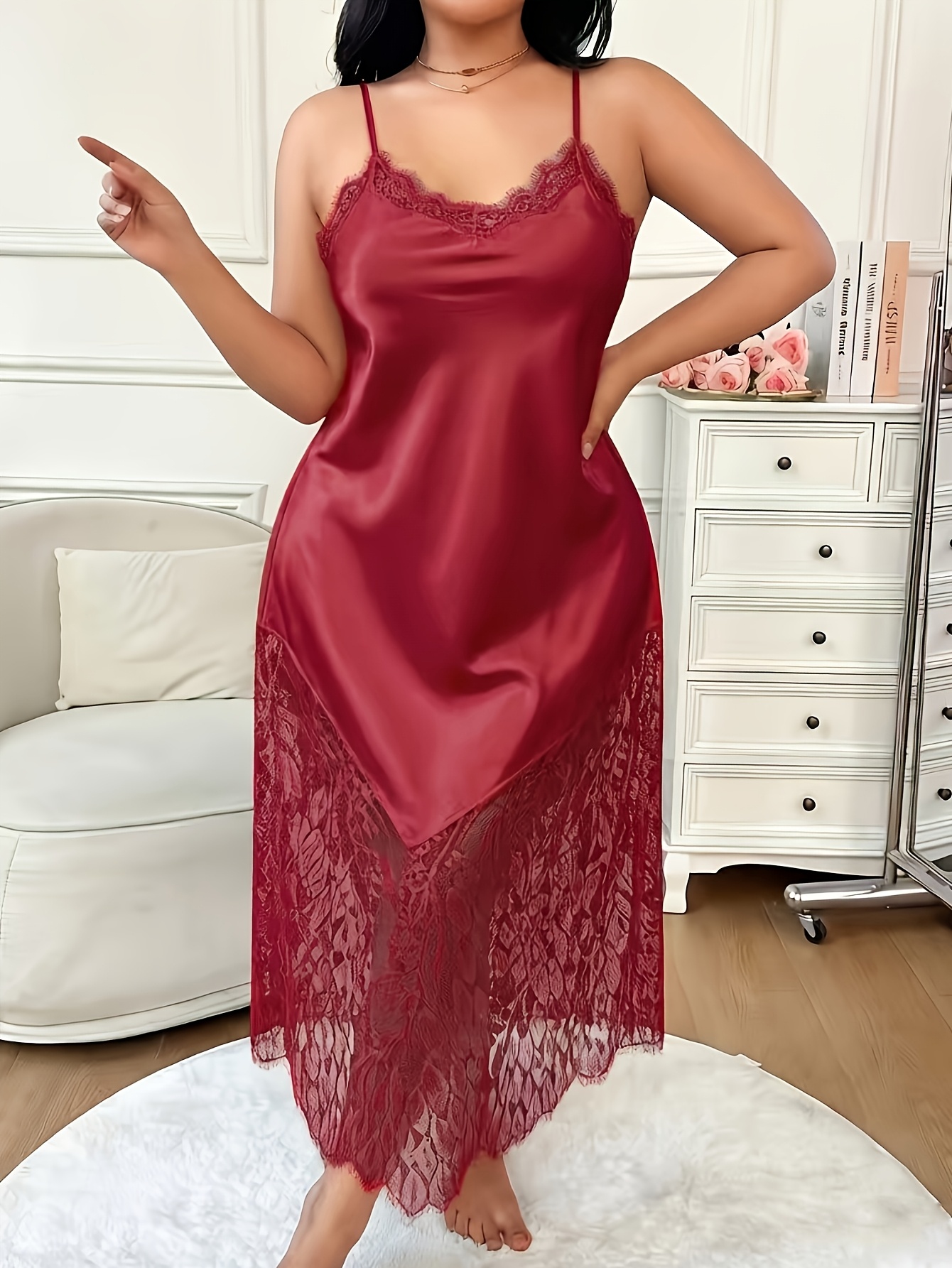 Color: Red Plus Size Collection, Women's Loungewear Nightgown, Solid Color Lace Patchwork Sundress, Elegant, Comfortable, and Casual