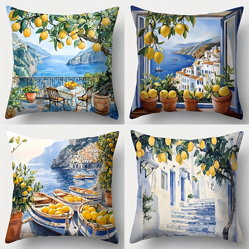 E-shop 4er-Set, Sofakissenbezug, Zitronenbaum-Kissenbezug, 17,7 Zoll * 17,7 Zoll, einseitiger Druck, Heimdekoration, Lendenwirbelstützenbezug für Sofa,