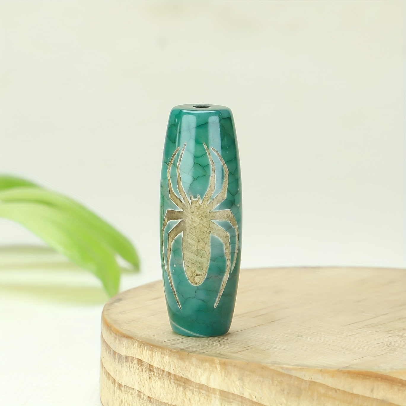 Green Dzi Agate Pendant with Spider Totem, Longevity Character