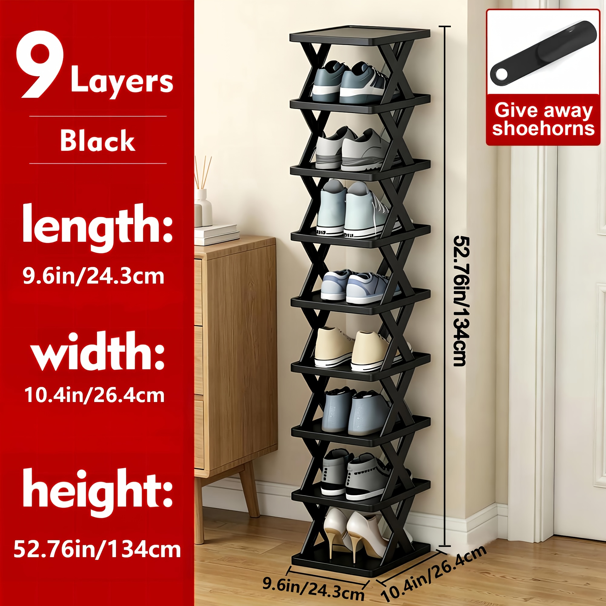 TEMU Organisateur d'étagère à chaussures d'angle 6/9 - Étagère en plastique robuste et étroite à 9 niveaux pour 9 paires de chaussures et de bottes,