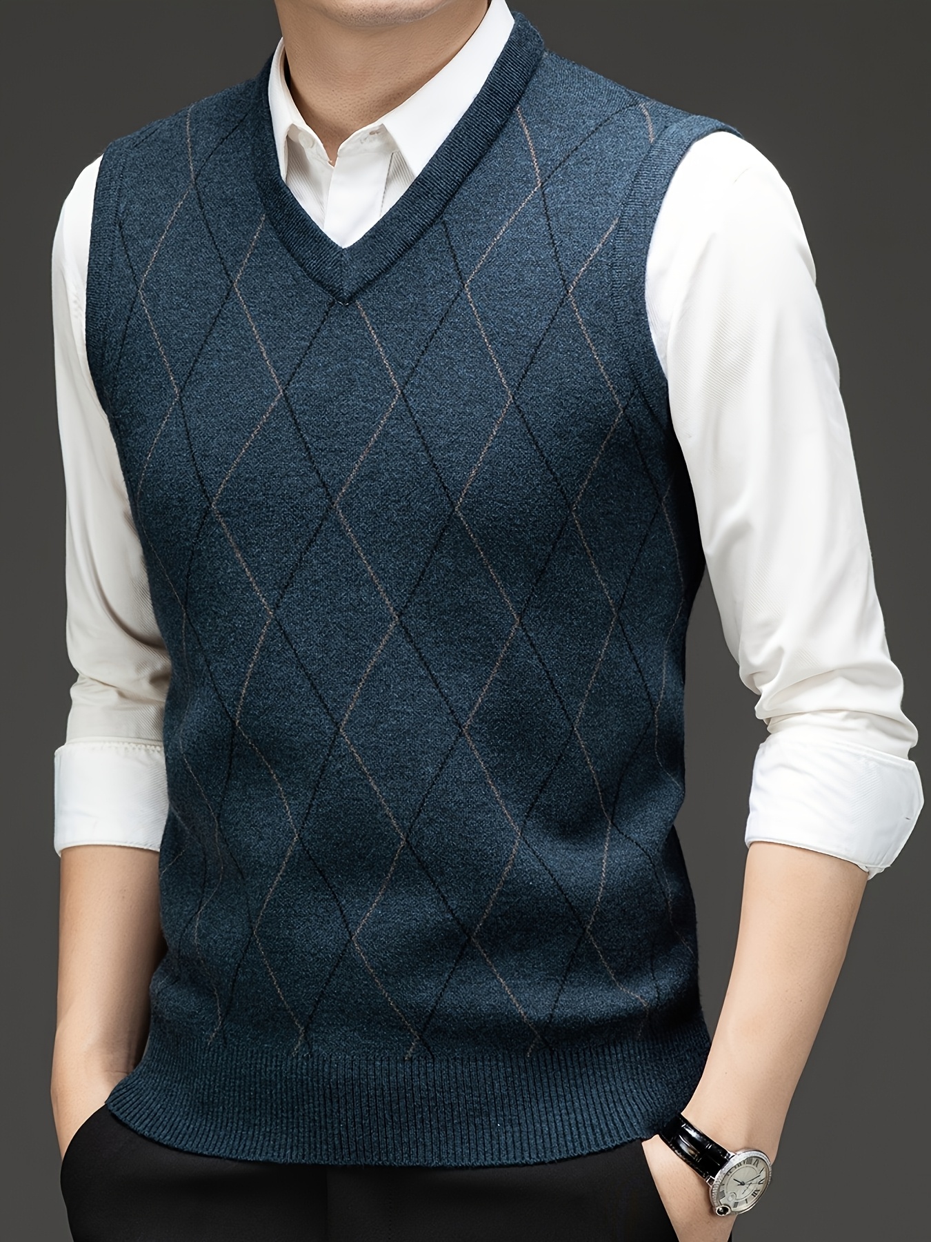 herenslimfit v-hals mouwloos gebreid vest - geometrisch   licht zakelijk casual, middelmatig rekbaar pullover voor herfst winter, meerdere kleuropties 3