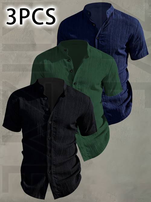 obm 3pcs mens summer short sleeve shirt lightweight breathable solid color button up casual shirt with stand collar machine washable for beach vacation pool party and casual attire beach shirt gifting