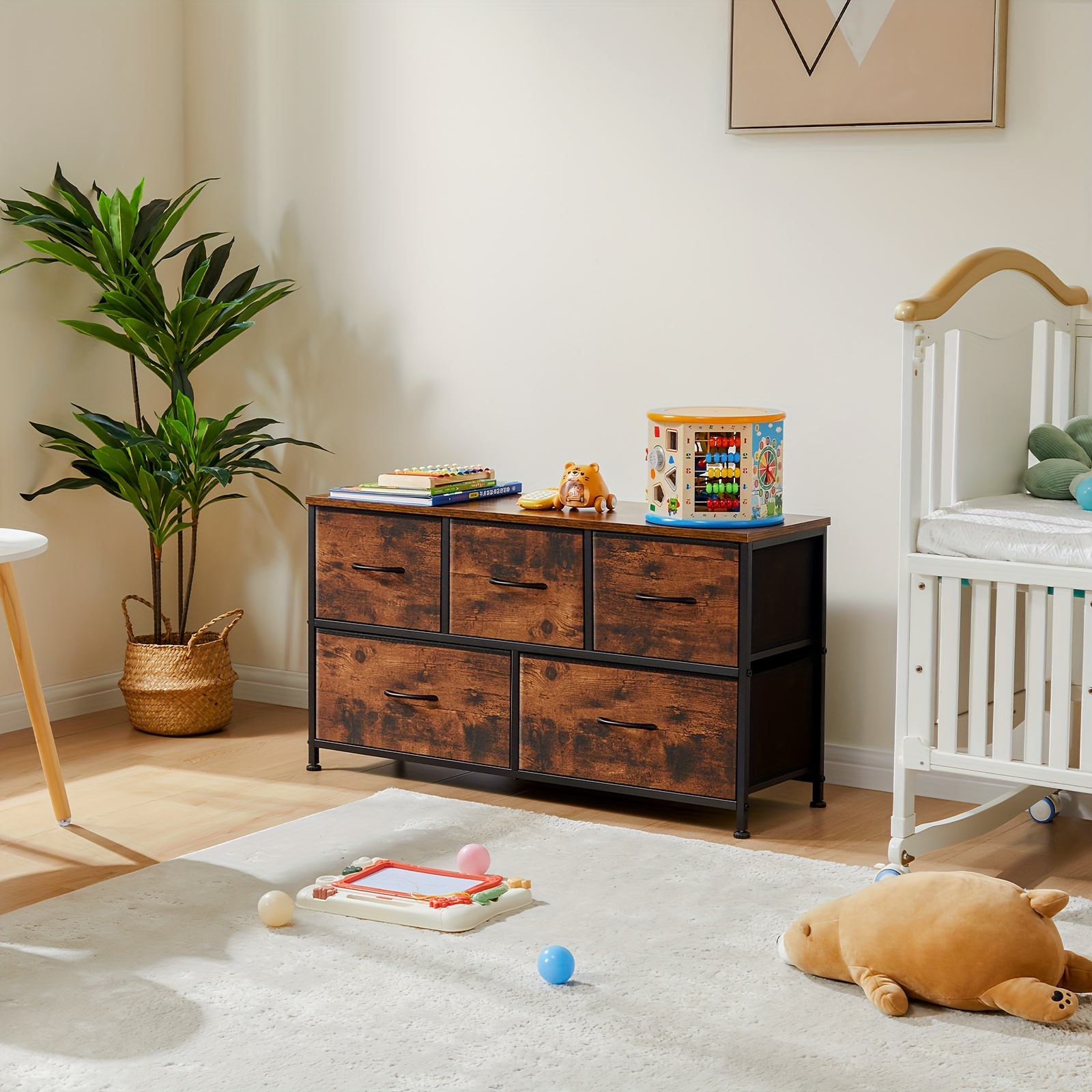 

5 Fabric Drawers For Bedroom Storage, Kids Room Closet Chest Furniture, Metal Frame, Wooden Top, Lightweight Entryway