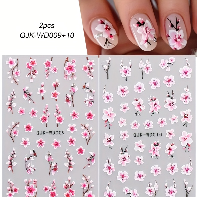 2 Sheets Of 5d Spring Flower Nail Stickers, Featuring Pink Cherry Blossoms For Decoration And Summer, Suitable For Personal Use And Nail Salons