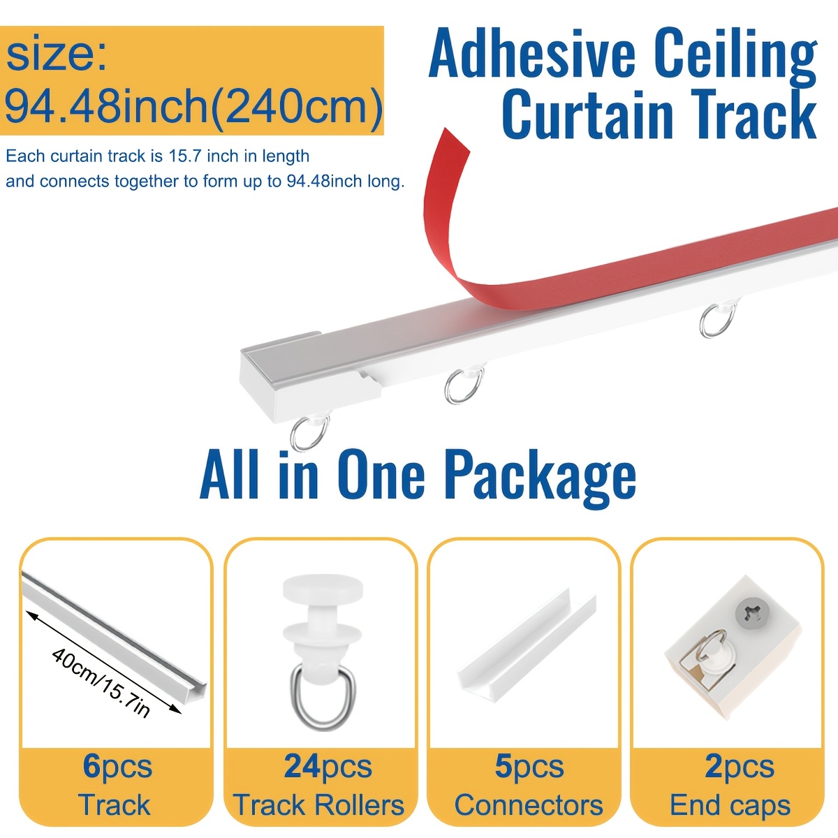 TEMU Self Adhesive Curtain Track For Smooth Ceiling Or Wall - No Drill, Screws, Ceiling Curtain Track, Curtains Rod, Ceiling Mount, Adhesive Curtains