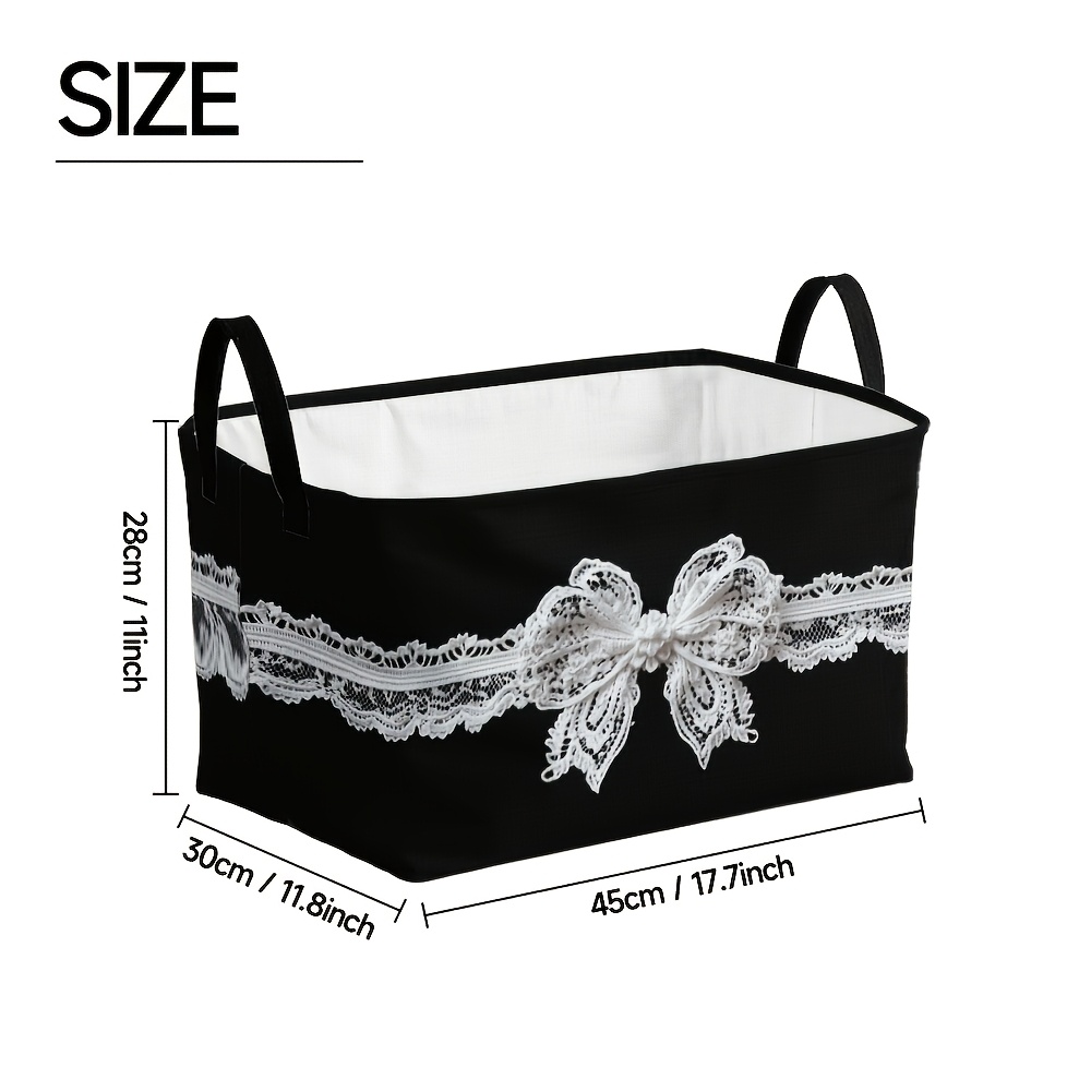 TEMU 1-pack, Large Black And White Lace Ribbon Bow Pattern Square Storage Basket With Metal Frame, Foldable Oxford Cloth Organizer Box, Foldable