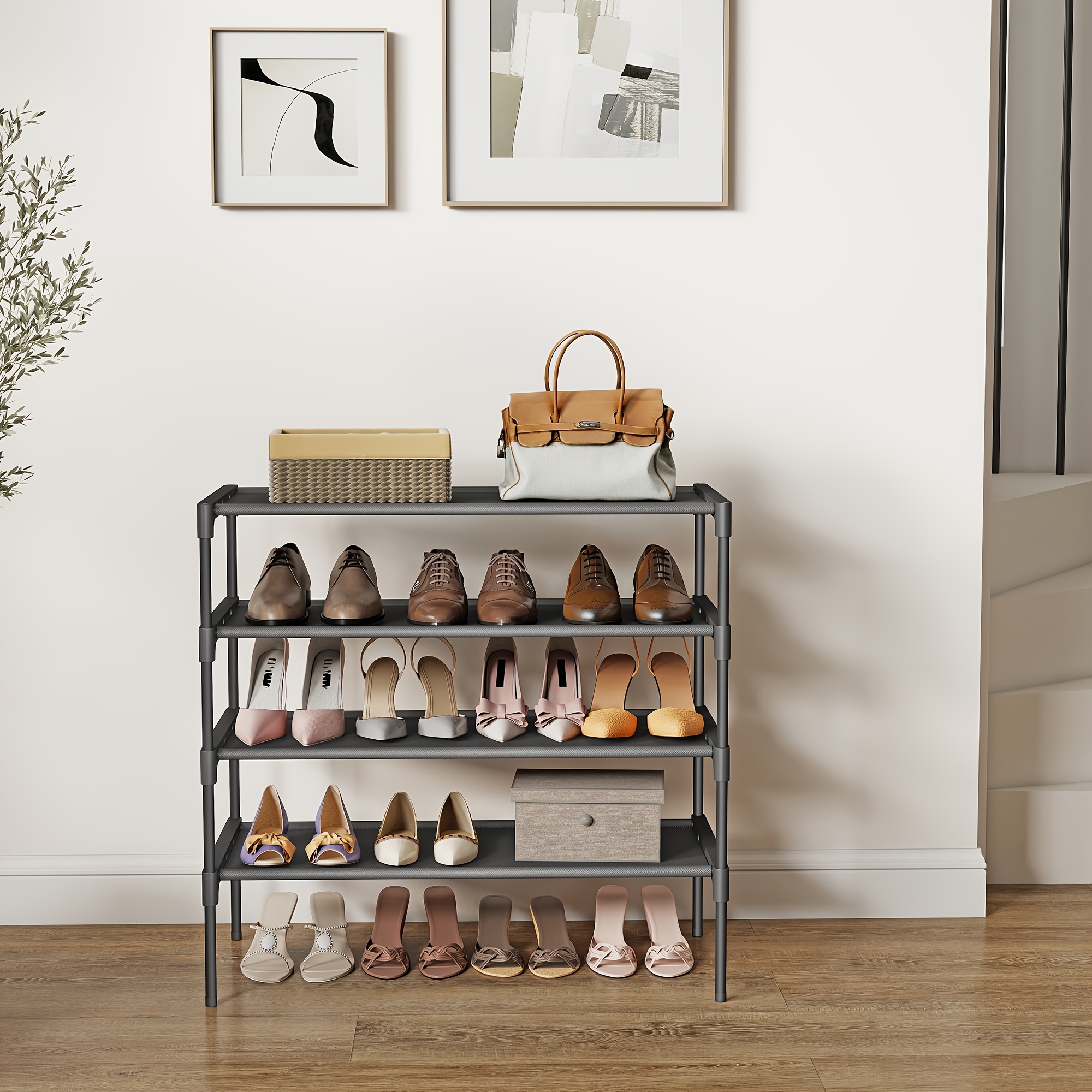 Image of 4-tier Shoe Rack, Metal Frame, Non-woven Fabric Shelves, Black