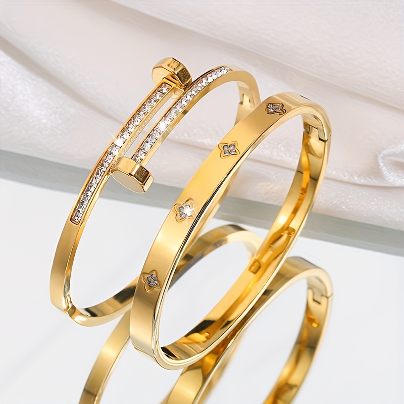 

18k Gold Plated Funky Stainless Steel Bracelets Set, Rhinestone Inlaid & Double-end Hammer Design, 2 Pieces Fashionable Gift For Girlfriend