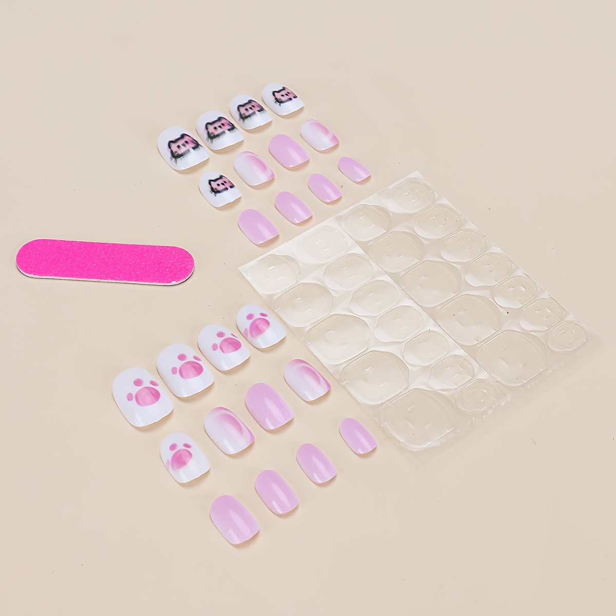 Use 24pcs Medium-length Coffin Press-on False Nails To Instantly Your Look. Featuring A With Colorful Edges And A Cute Cartoon Cat Print, Japanese/korean-inspired Nail Stickers For Come With 1 Sheet