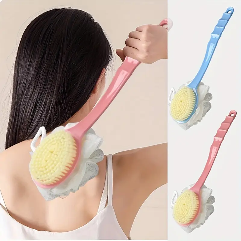 1pc long handle bath brush with loofah multi functional scrubbing brush dual sided soft bristle shower brush with loofah Product details 0