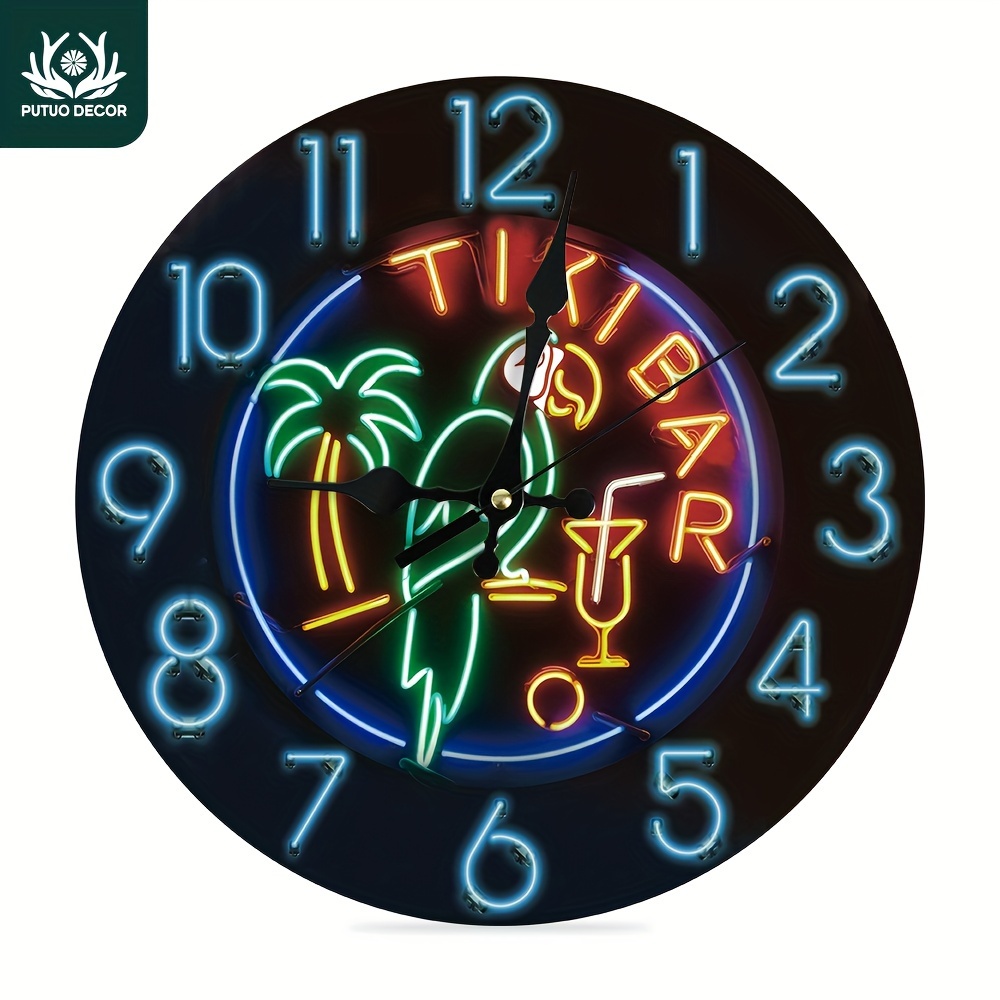 

Tropical Bar Wall Clock - Silent, Round Wooden Decor With Parrot & Design For Home, Farmhouse, Pub, And For Man Cave