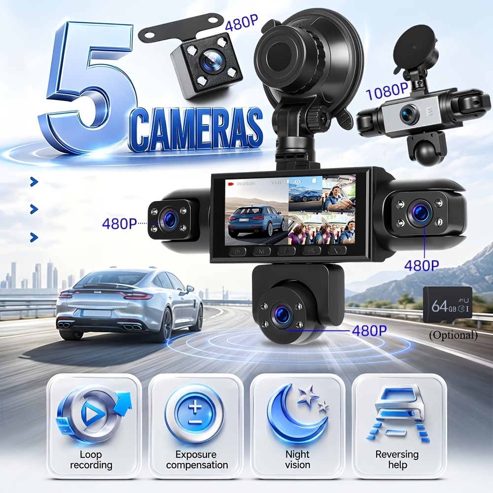 360° 5 Lens Car Dash Cam 3.16 Inch Ips Display, Front 1080p Interior & Rear 480p Night Vision Parking Dashcam, Optional 64gb Sd Card