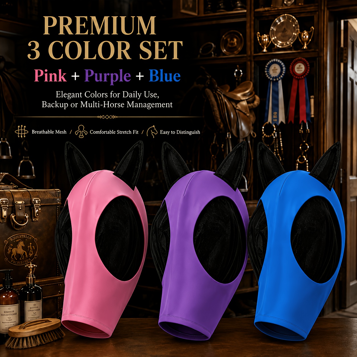 TEMU The Set Includes 3pcs Horse Fly Head Covers In Pink, Purple, And Blue Mixed Colors. The Product Features Breathable Mesh Eye Masks And Ear