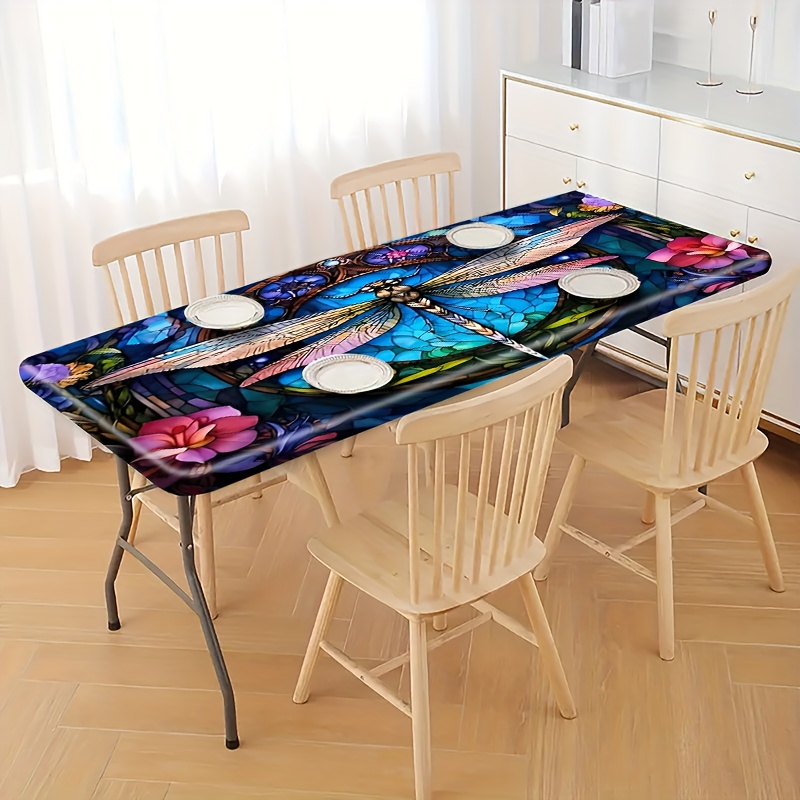 TEMU 1pc, Elastic Tablecloth With A Colorful Dragonfly Pattern, Suitable For Various Home Decorations And Table Settings, Outdoor Table Sets, Picnic