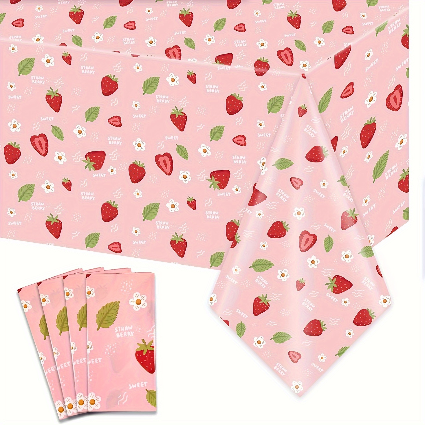 

Strawberry Themed Plastic Tablecloth For Birthday Party - Machine Made, Fruit Table Cover For Celebrations