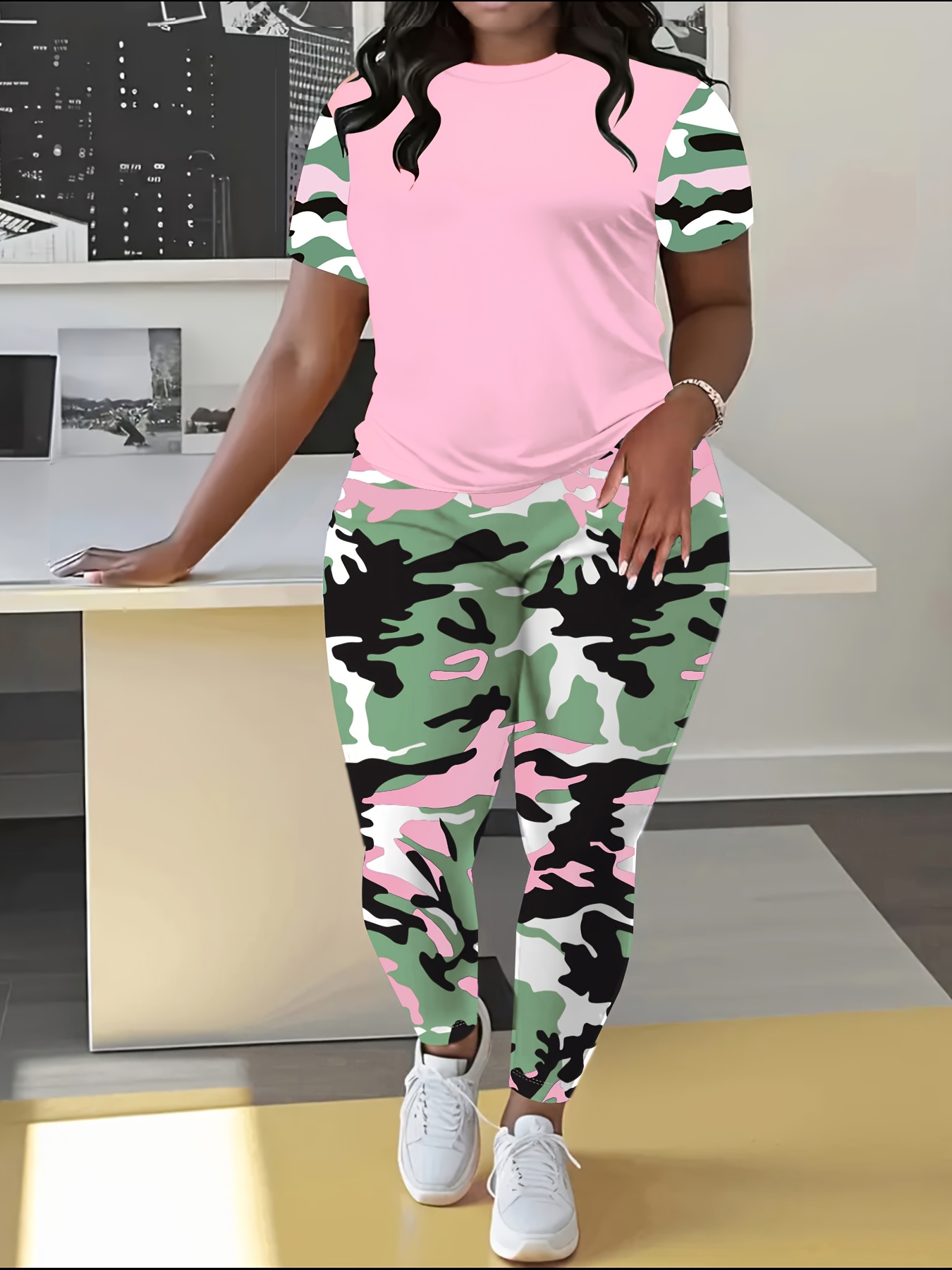 Green Camo Outfits Pink Shirt With Camo Pants Women's Fashion T
