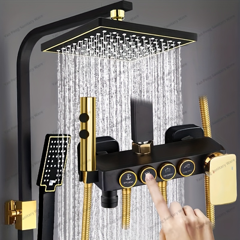 KinHall Duscharmatur Schwarz Gold – Mit Regendusche, Handbrause & Höhenverstellbarer Halterung