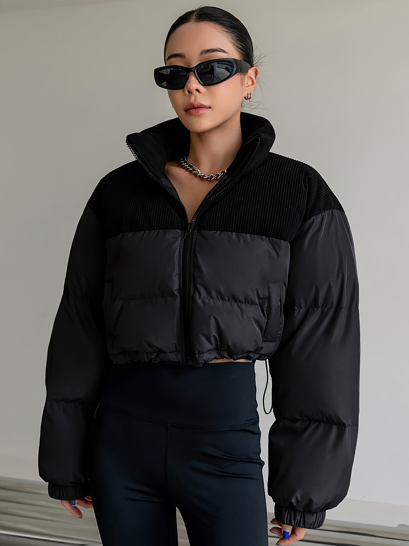 women's black corduroy trimmed conical collar puffer jacket Temu