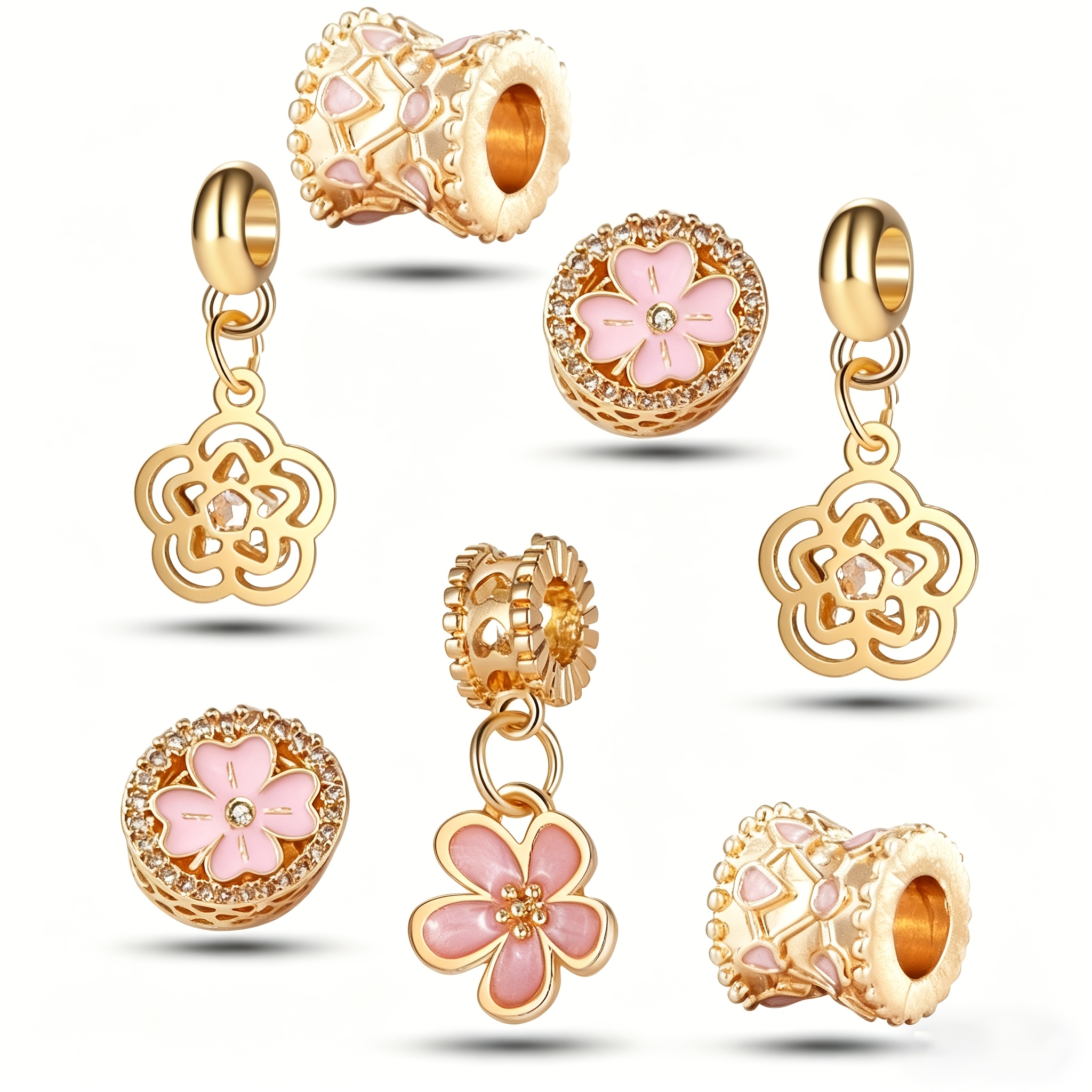 TEMU 7pcs Elegant Cherry Pendant Bead Set, Inlaid With Zirconia Flower Pendant, Bracelet, Necklace Making, Jewelry Additions Gift