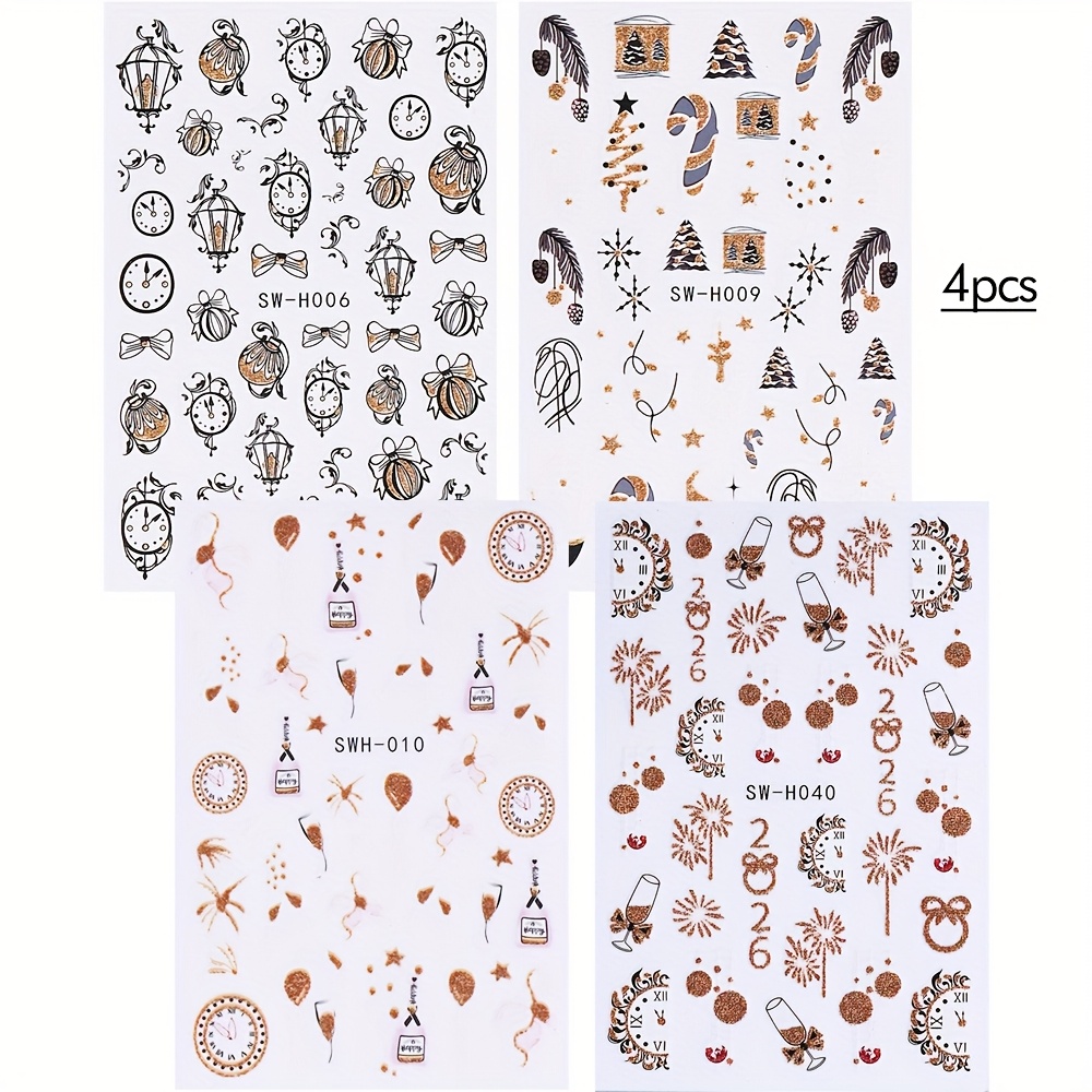 Image of 4 Sheets Of Sparkling Golden New Year Fireworks Countdown Clock Christmas Tree Festive Nail Stickers Sw-h06+09+10+40