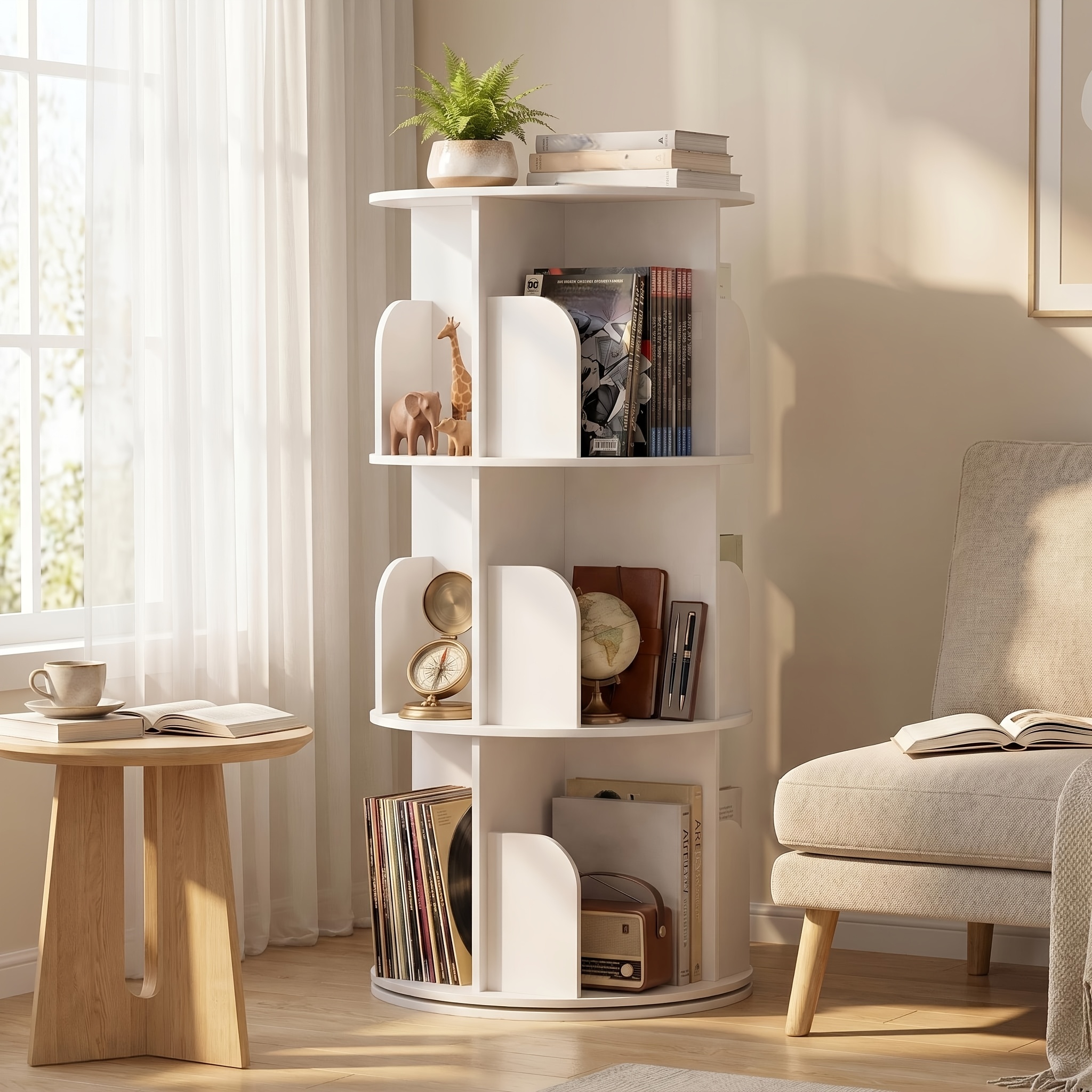 3/4/5 Tier Rotating Bookshelf, 360° Spinning Bookcase for Small Spaces, Vertical Corner Storage Organizer Display Rack for Bedroom Living Room, White