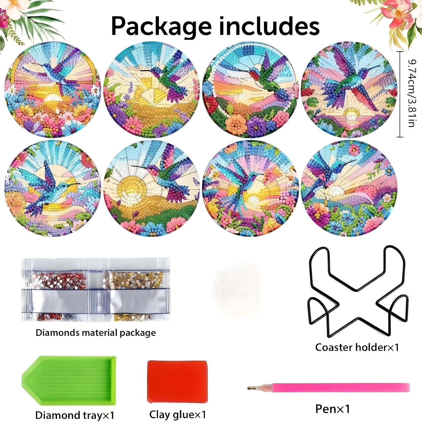 TEMU 8 pièces Set de Dessous de Verre en Art Diamant pour Adultes - avec Support - Kit de Peinture à Points DIY Art Oiseau, Idéal pour Loisirs