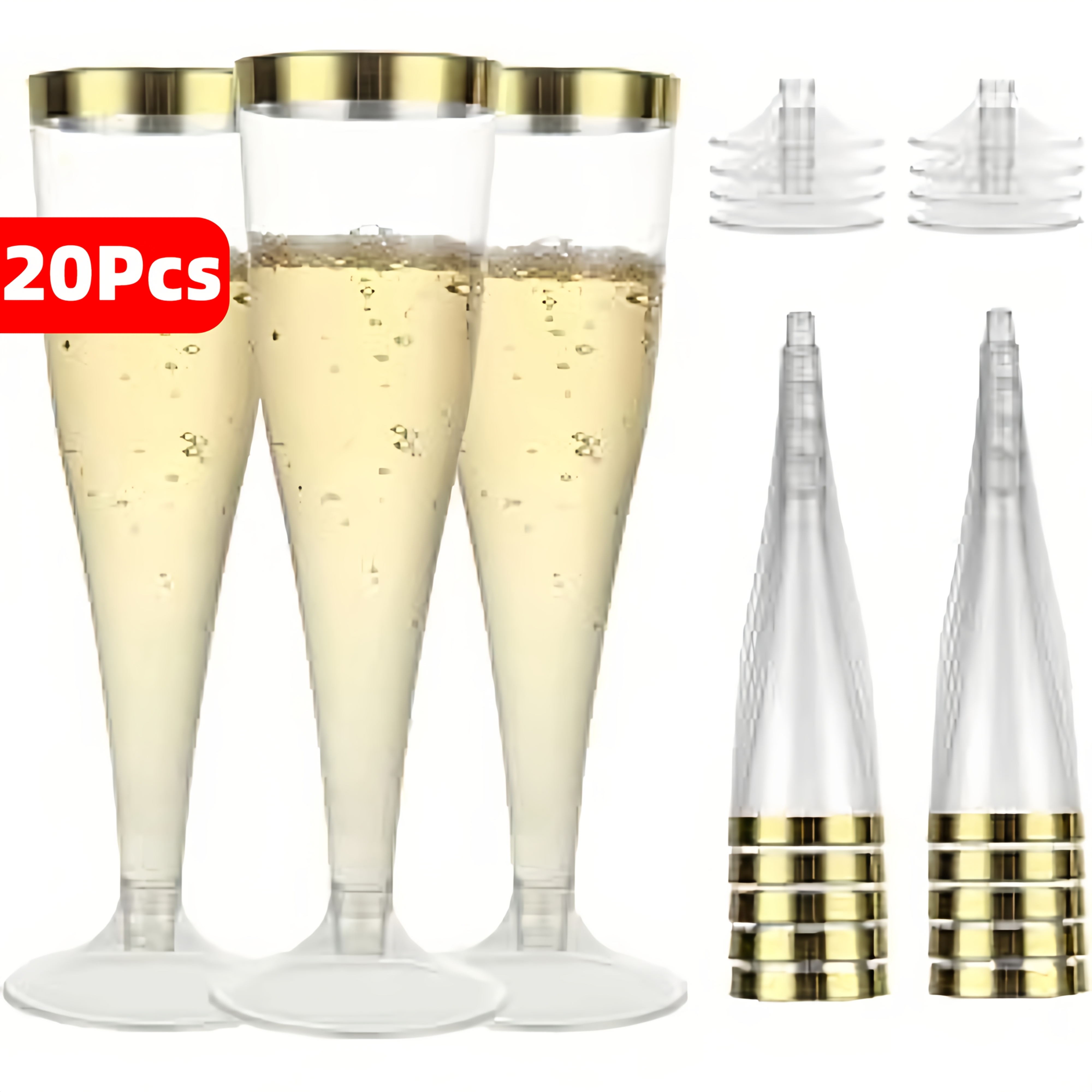 20pcs Set Of Reusable Golden- Flutes, Plastic Cups For Parties, Toasting, With Water Plants, Wedding And Shower Supplies For Christmas, Halloween, And New Year