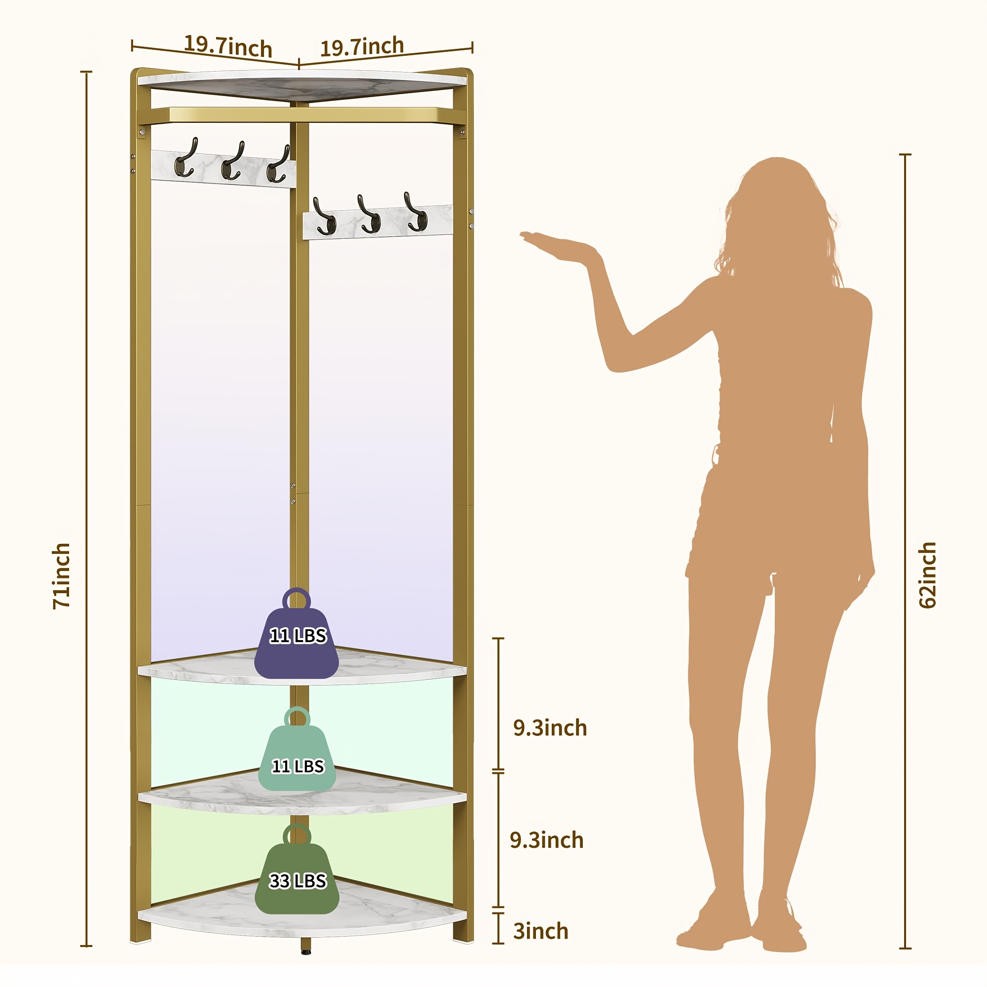 Image of Hall Tree, Corner Coat Rack With 4 Storage Shelves Clothes Rack With 6 Hooks And Metal Stand Garment Rail For Bedroom, Living Room, Entryway, Hallway