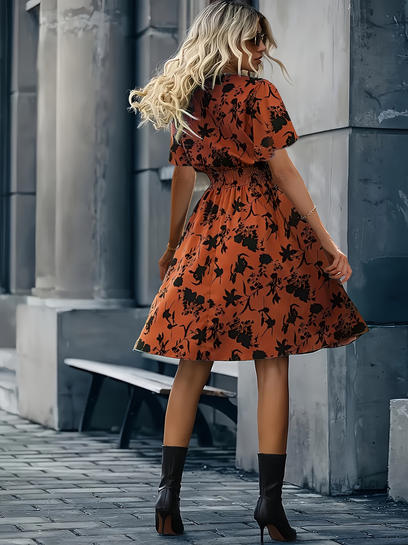 women's floral print cross neckline dress smocked waist Temu Bahrain