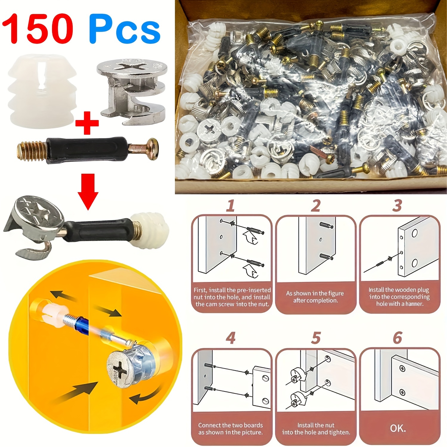 

150pcs 3-in-1 Furniture Kit - Detachable Cam Screw & Lock Nut Set For Smooth , Ideal For Closets, Cabinets & Industrial Use