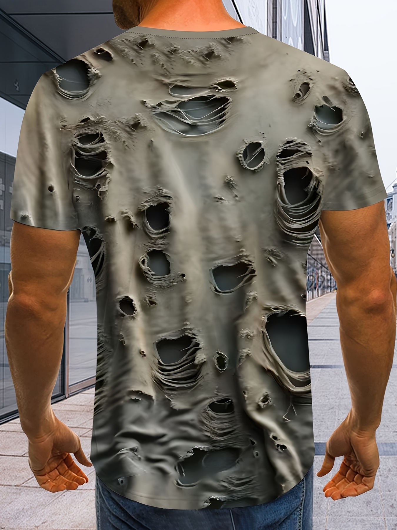 *'s Hip Hop Rip 3D Print Sports T-Shirt Short Sleeve Athletic Shirt Crew  Neck Hole Print T-Shirt with 3D and No Real Holes - Main Image