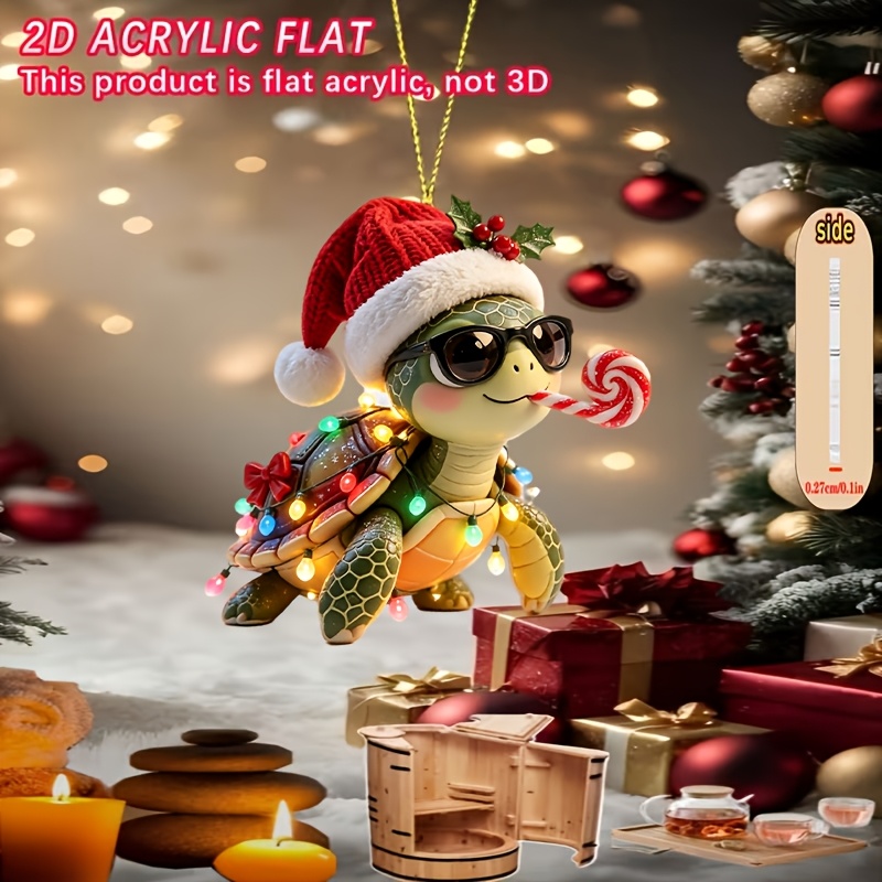 TEMU 2d Flat, 1pc Sea Turtle Ornament With Hat & Candy Cane - Hanging Decoration Suitable For Christmas Tree, Car,, Wallet Pendant, New Year Gift,