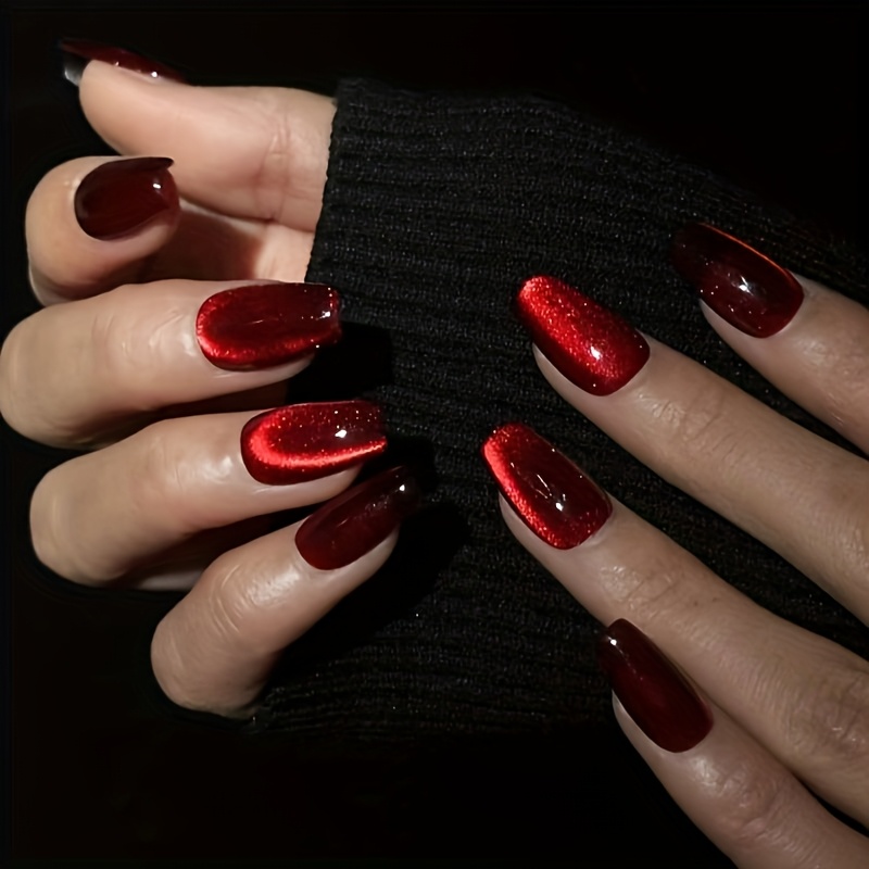 a 30pcs set of red short square   nails with cat eye solid   reusable press on nails to refresh   suitable for and womens daily wear   nail     a nail file and jelly  
