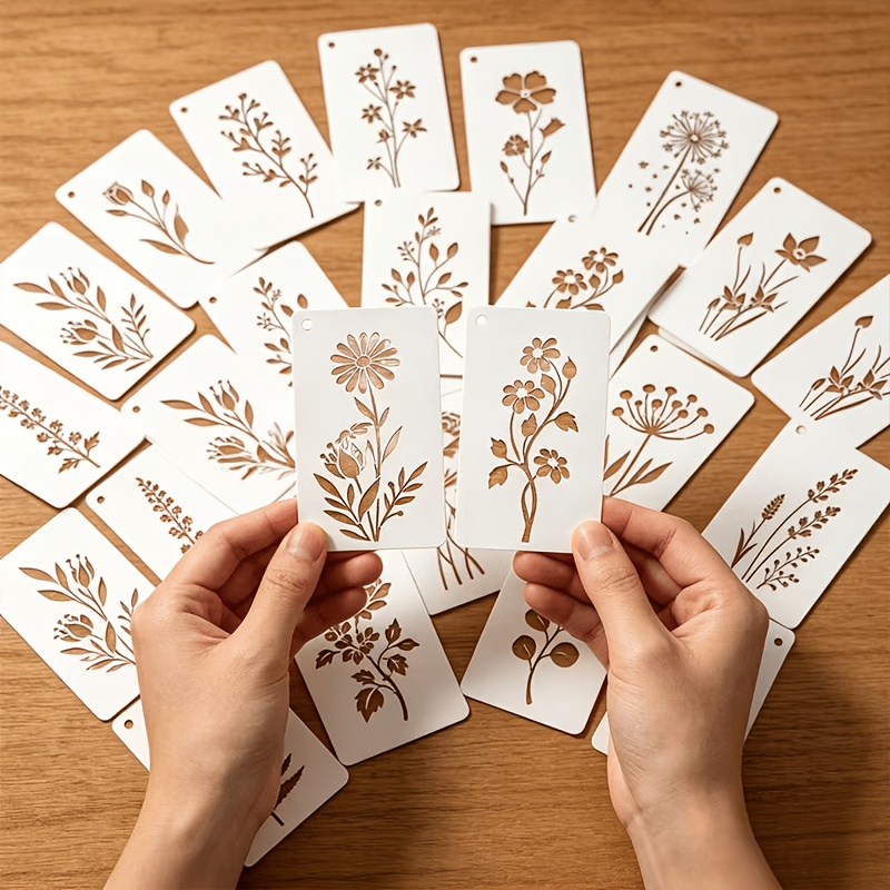 TEMU 24pcs Floral Painting Stencils - Flower, Plant, Leaf, Reusable Plastic Templates For Fabric, Paper - Craft Supplies For Spray Painting And