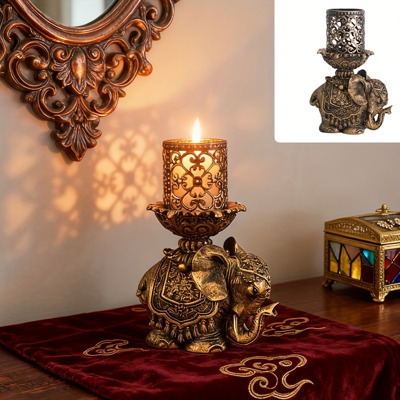 E-shop Ramadan Dekorativer Kerzenhalter -Elefanten-Optik in Schwarz Gold, Dekorativer Kerzenständer für Arbeitszimmerregal im Innenbereich,