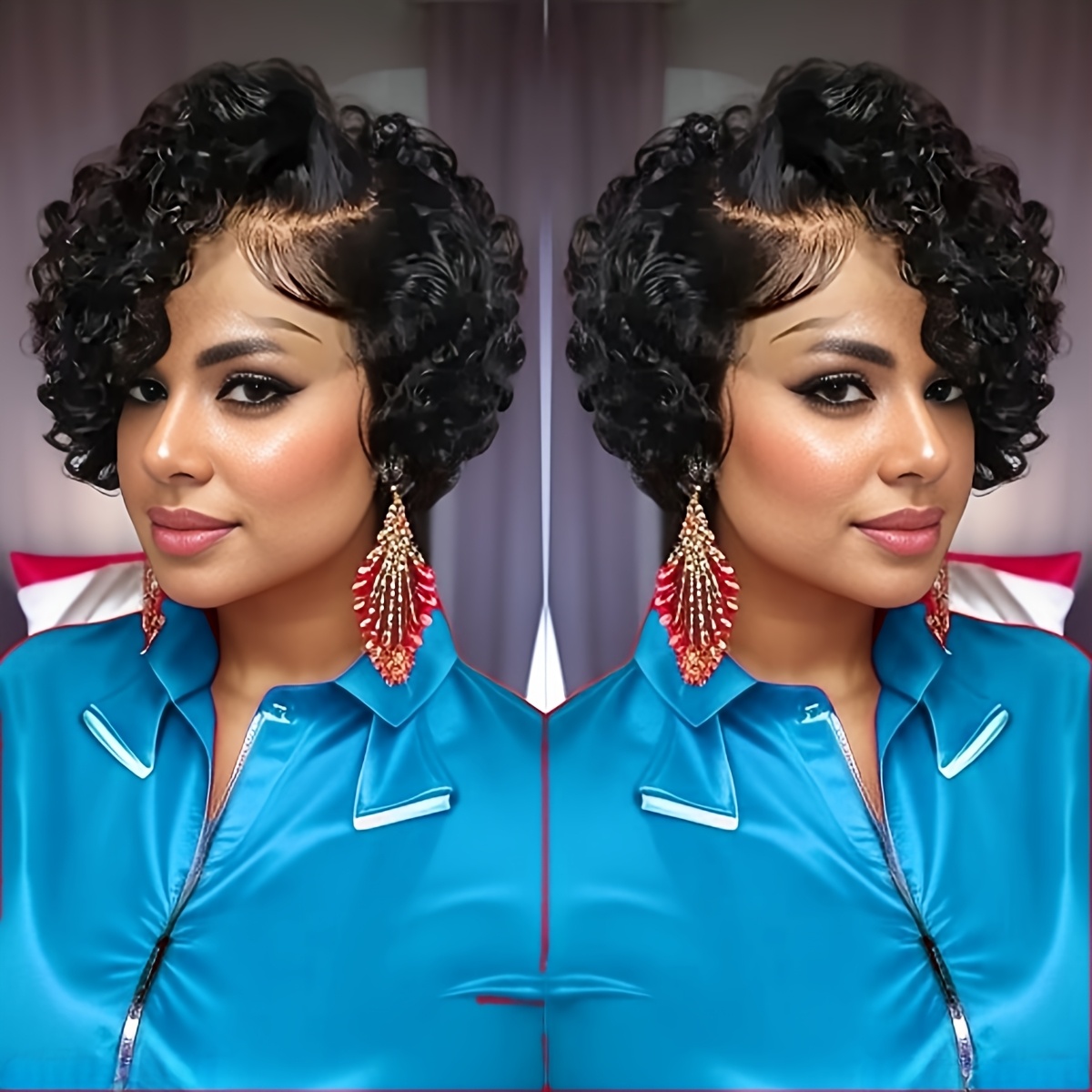 TEMU Elegant Culry Wave Cut Preplucked Lace Front Human Hair Wig For Women