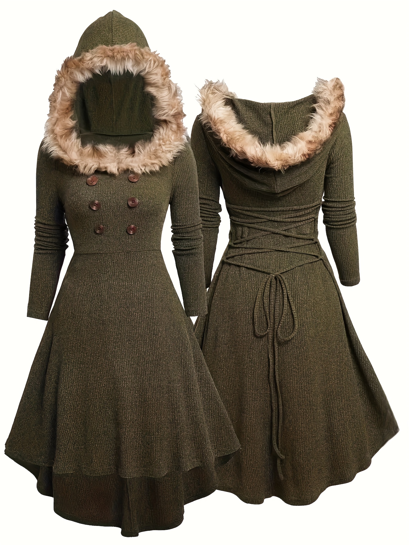 Women's Elegant Hooded Winter Dress with Fur Collar & Adjustable Belt