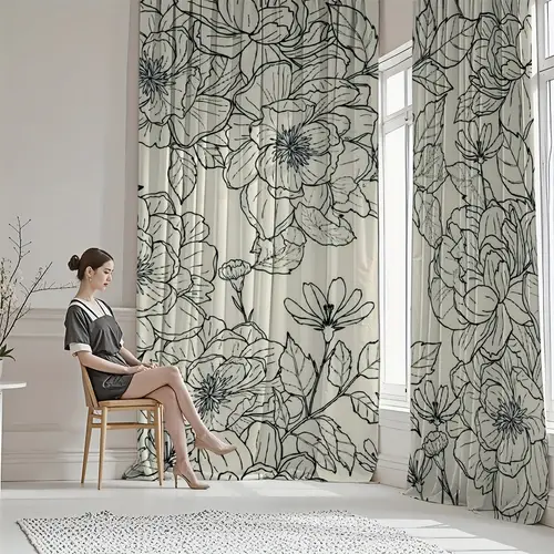 2pcs Floral Print Curtains - Semi-Transparent Polyester Fabric, Easy Install with Rod Pocket, Machine Washable, Elegant Black & White Flower Design for Bedroom, Living Room, Office - Premium Home Decor Gift, Living Room Decor | Artistic Curtains | Polyester Curtains, Curtains for Living Room