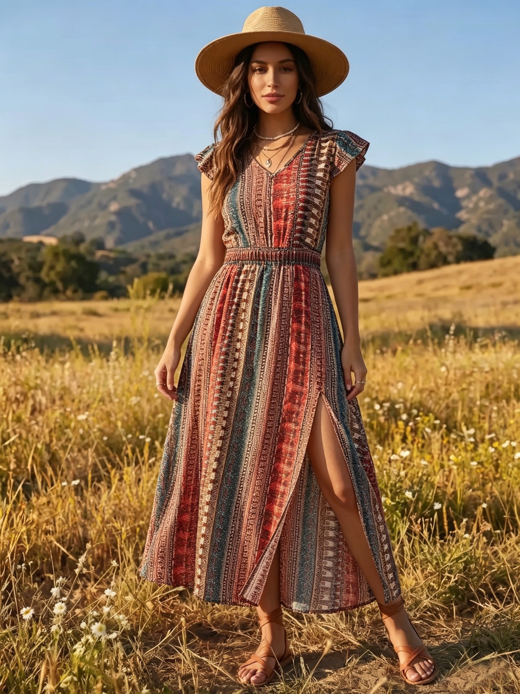 womens bohemian v neck maxi dress waist cinching high slit