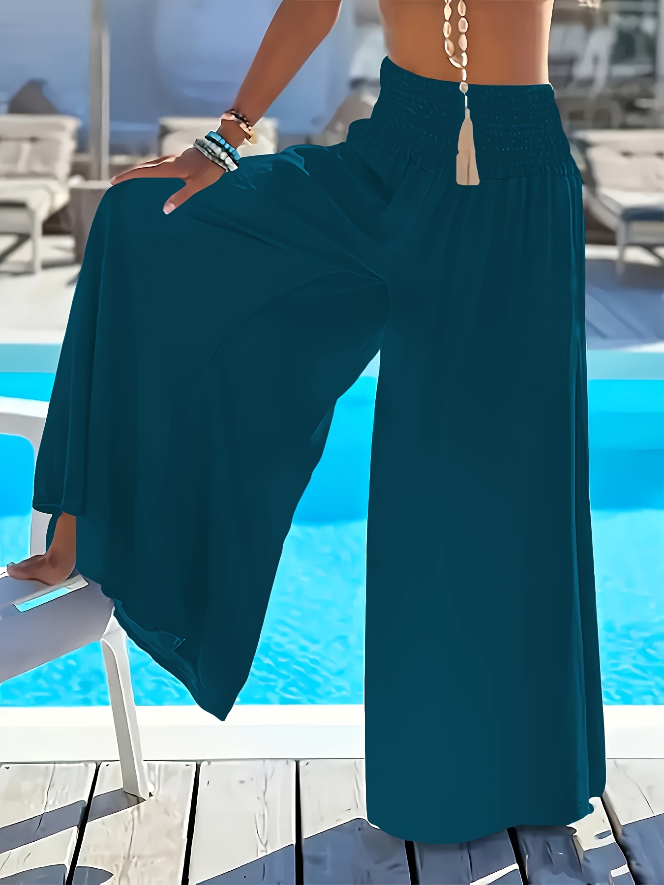 Women'S Elegant Wide-Leg Flare Pants with Ruched Waist Side Pockets  Light Blue Solid Color Spring/Fall Comfortable Lo