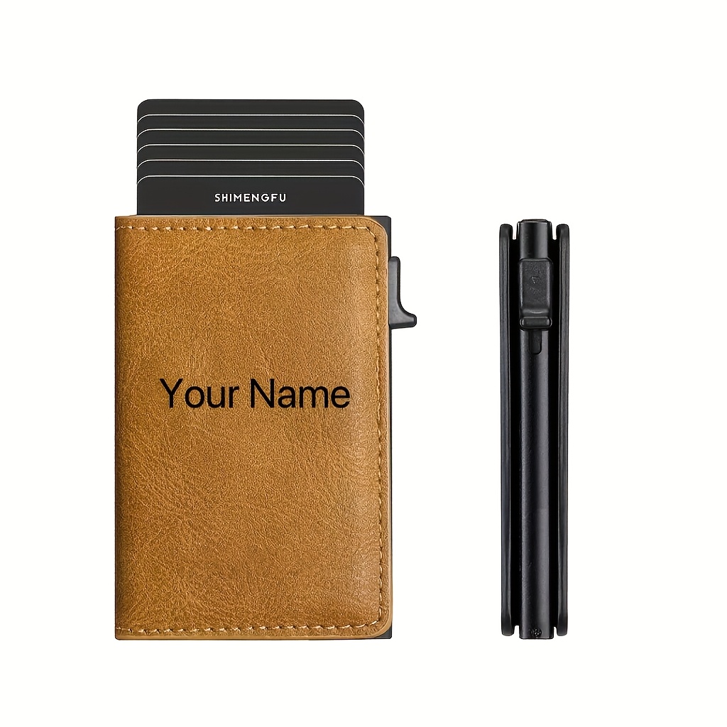 TEMU Custom -up Wallet Credit Card Holder With Faux Leather Slots And Rfid-blocking Metal Card Sleeve, Suitable For Men And Women -